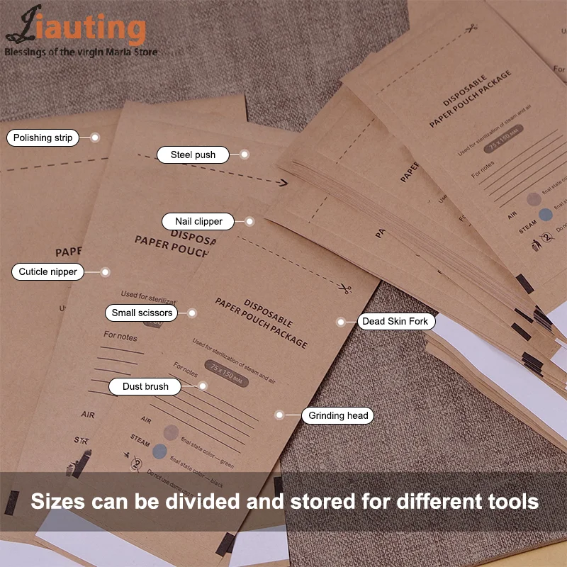 Sac en papier Kraft auto-scellant, 10 pièces, sac de désinfection jetable, outils pour ongles, stérilisateur, sacs de manucure, pochette de stérilisation