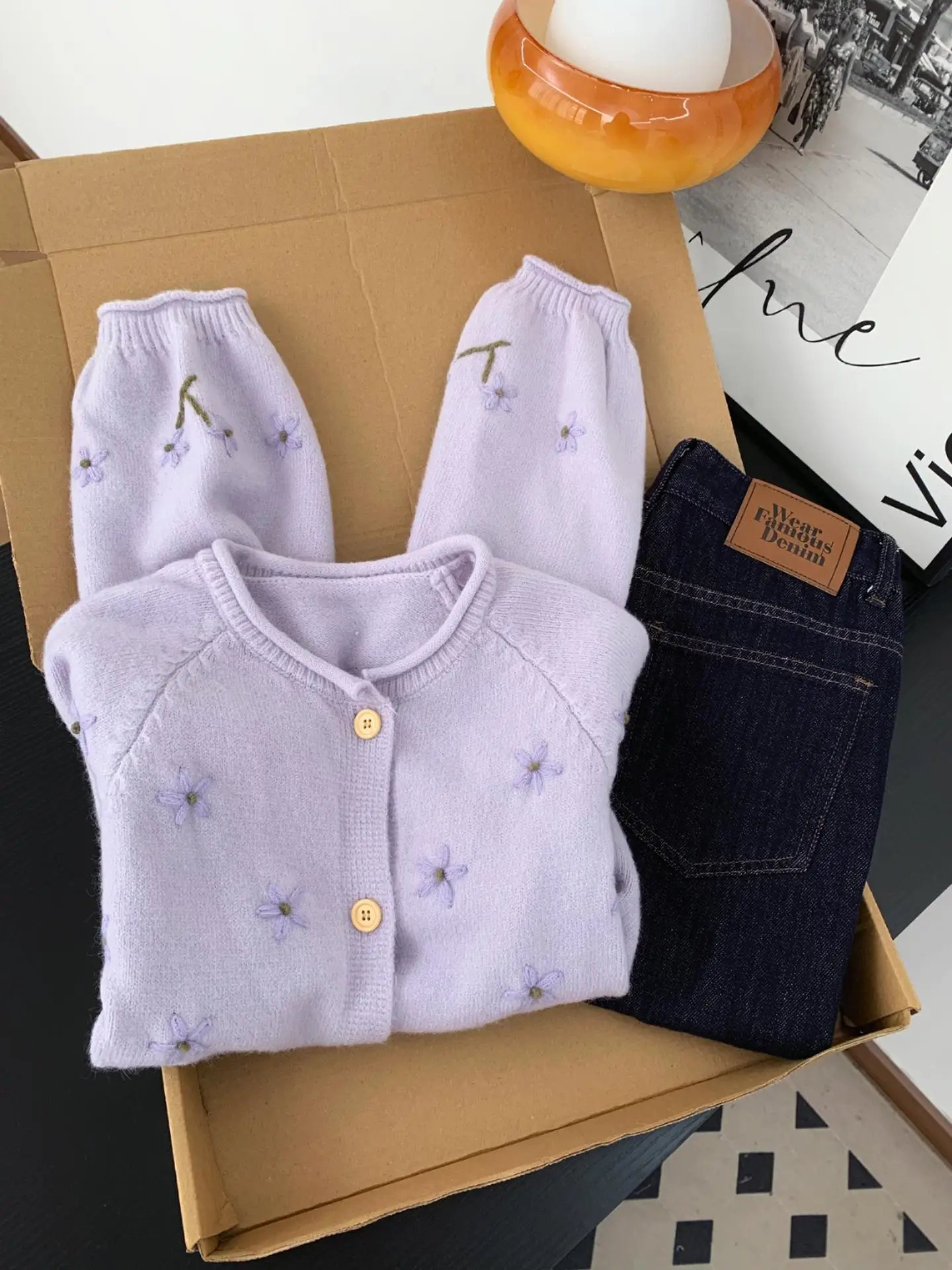 سترة نسائية محبوكة فضفاضة من Sweet Sle سترة مطرزة بالزهور الأرجوانية اللطيفة للخريف والشتاء