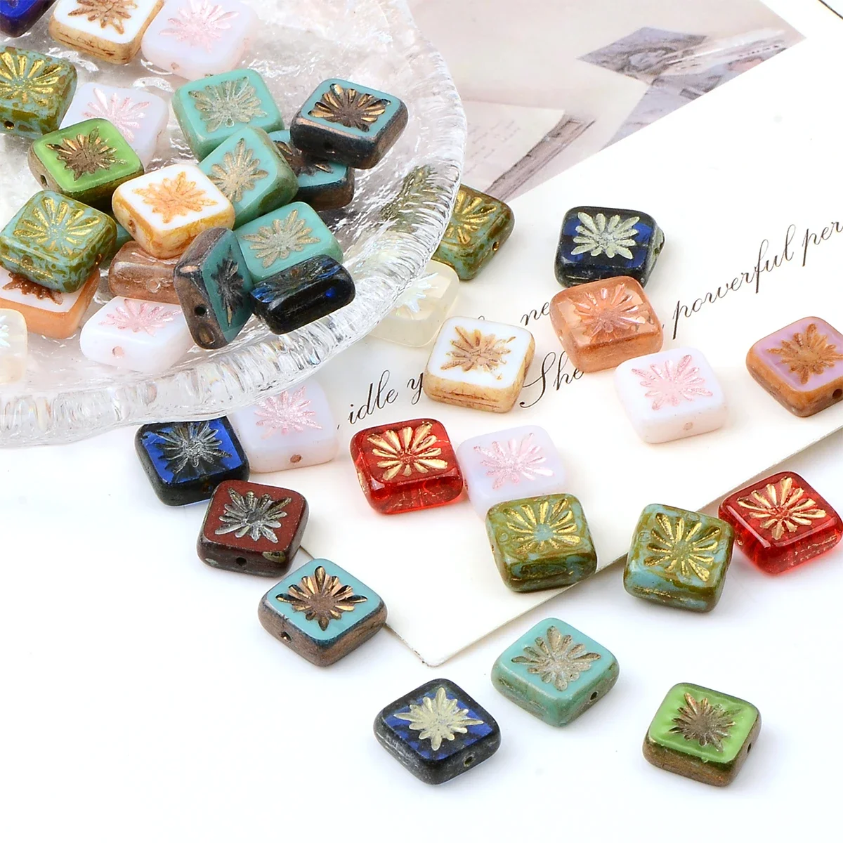 5pcs 10mm Tassel vintage fireworks square glass bead spaced bead for DIY Necklace Bracelet Accessory Material Art Craft Supplies