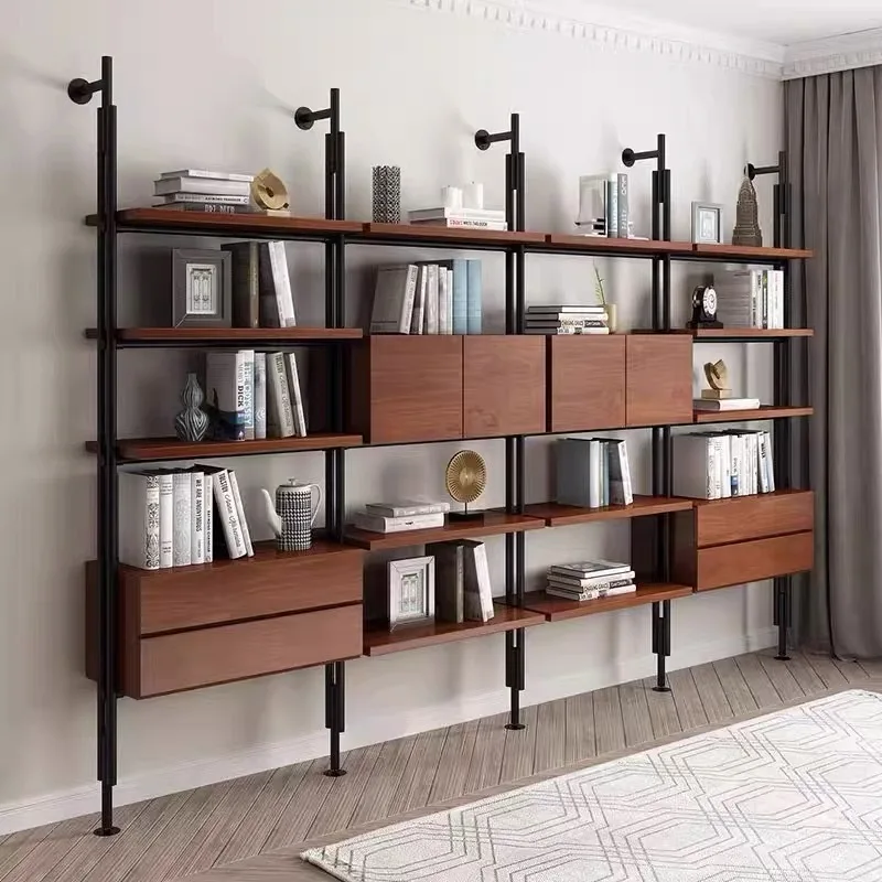 

Solid wood bookshelf bookcase integrated whole wall living room shelf floor-to-ceiling multi-layer wrought iron wall locker
