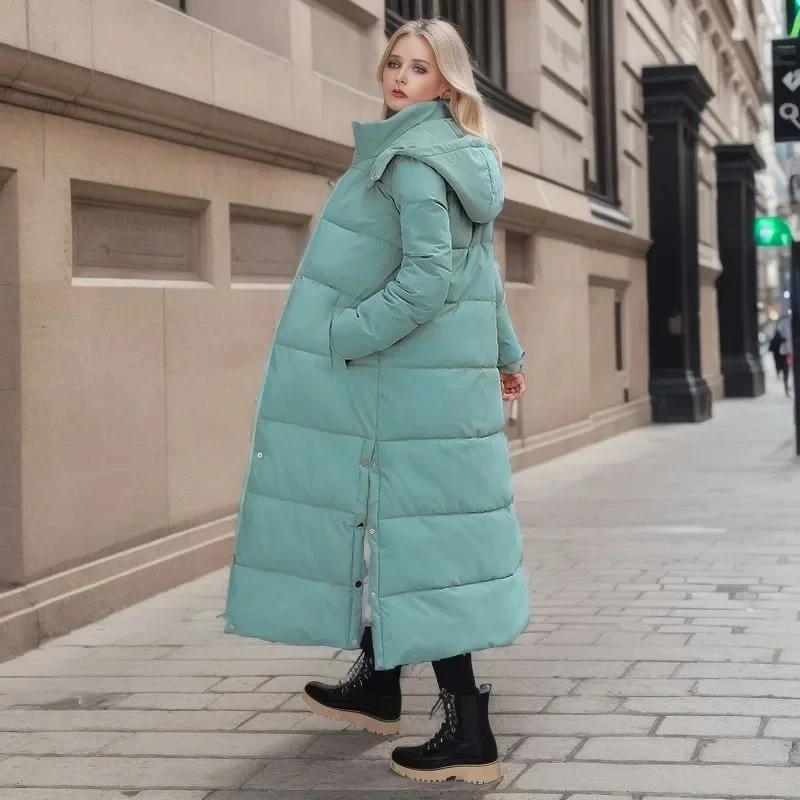 Jaqueta de puffer com capuz feminino, casacos longos, grossos, casacos de inverno, coreano, pena, 2023