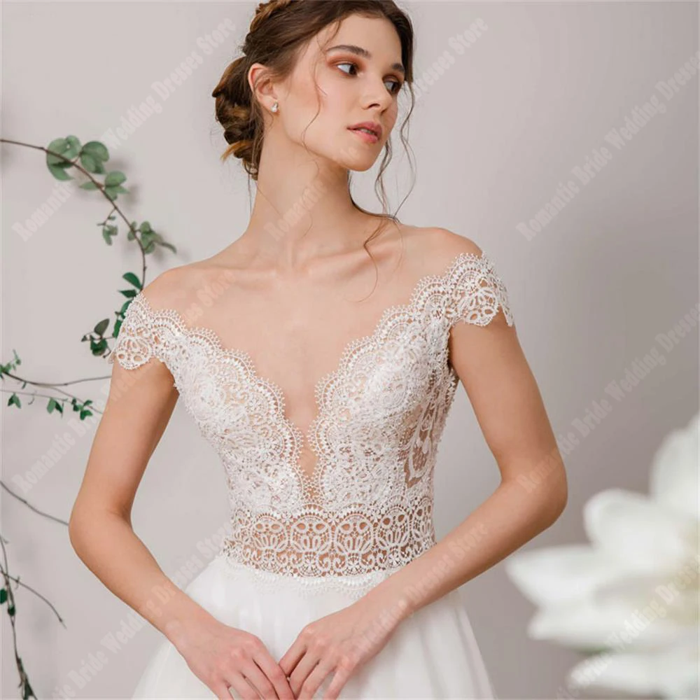 Vestidos de casamento fofos para mulheres, fora do ombro, vestidos de noiva princesa, decalques elegantes de renda, vestido de praia boêmio