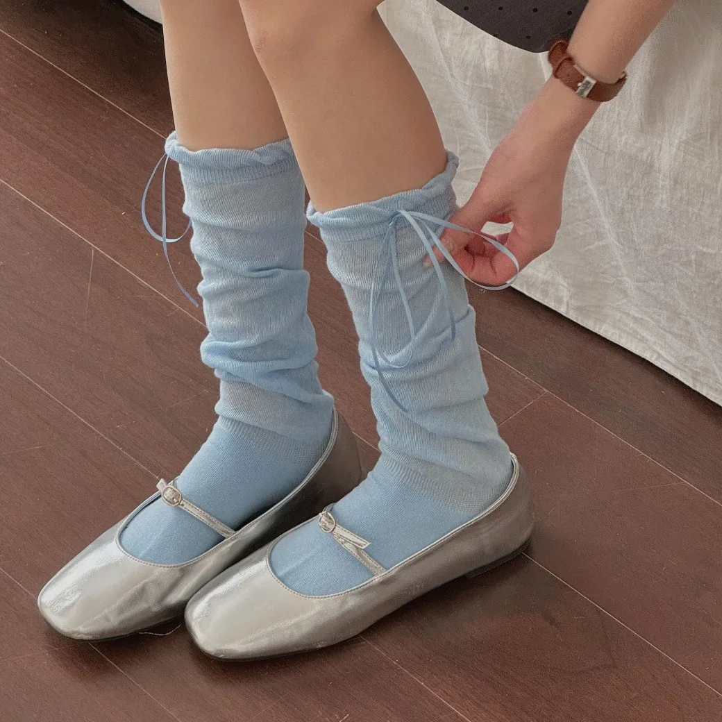 Y2K Lolita Girls Long Socks Women Ruffles Knee Socks Stockings Summer Thin Breathable Japanese Style Solid Color Knee Stockings