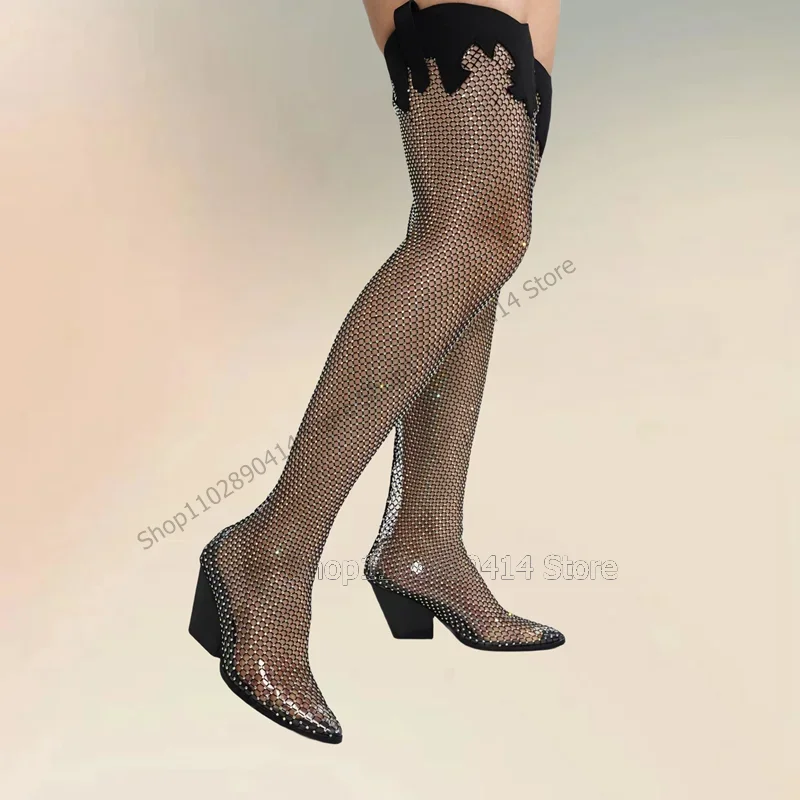 

Black Hollow Design PVC Pointed Toe Sandals Boots Elastic Band Women Shoes Chunky High Heels Fashion 2023 Zapatos Para Mujere