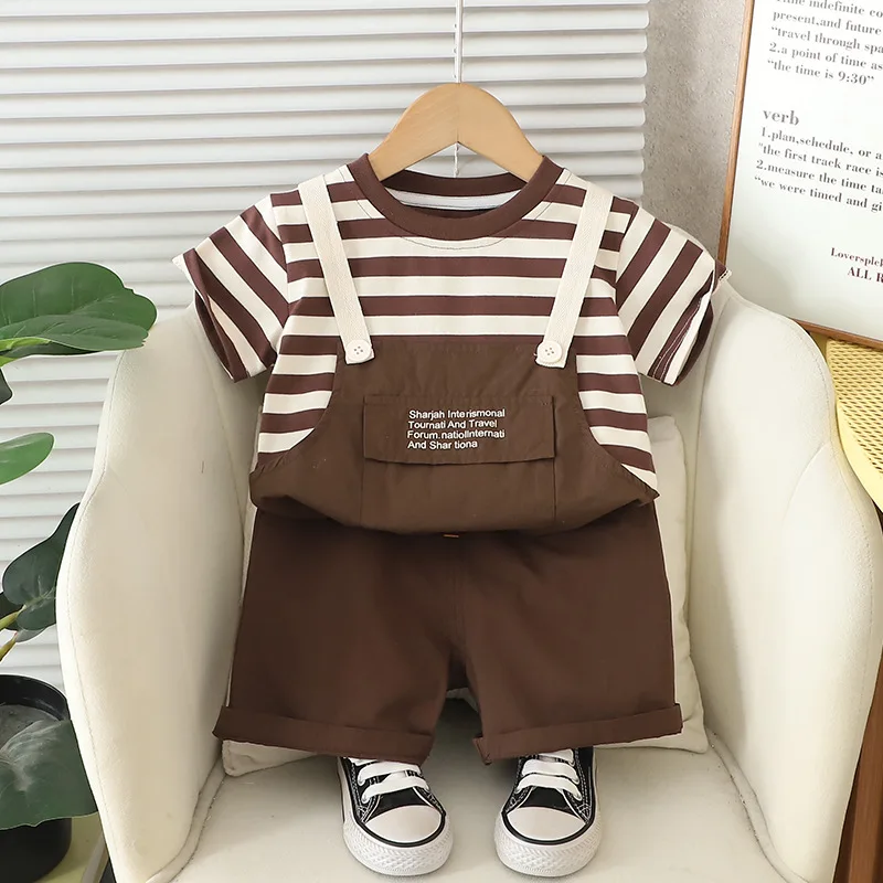 

2PCS Baby Boy Suit Set 2025 Korean Toddler Fashion Striped Short Sleeve T-shirts and Overalls Boys Outfits Summer Infant Clothes