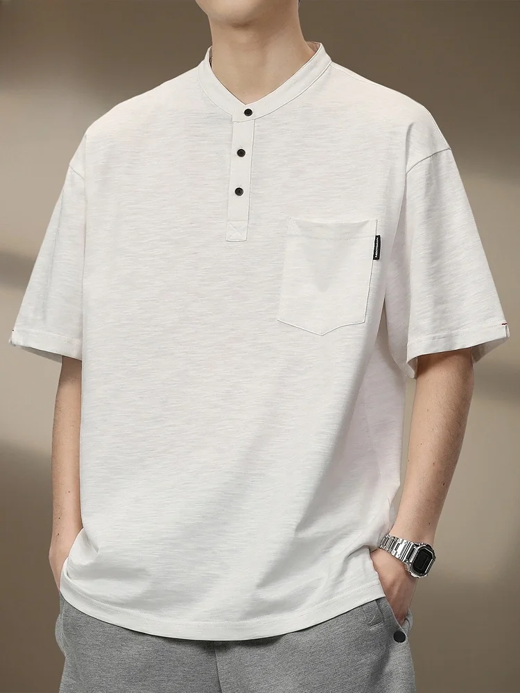 

Белая мужская футболка свободного кроя с коротким рукавом, летняя повседневная футболка с воротником хенли, молодежная, из хлопка