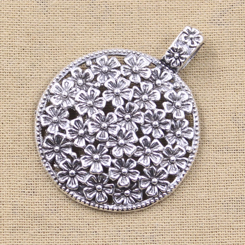 2pcs Charms Large Flower Covered Disc 58x45mm Antique Silver Color Plated Pendants Making DIY Handmade Tibetan Finding Jewelry