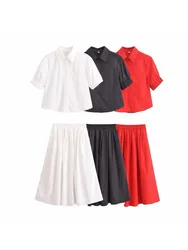 Autumn Women's Clothing 2024 New Style Fluffy Short Sleeved Fashionable Versatile Short Shirt Wide Swing MIDI Skirt Set