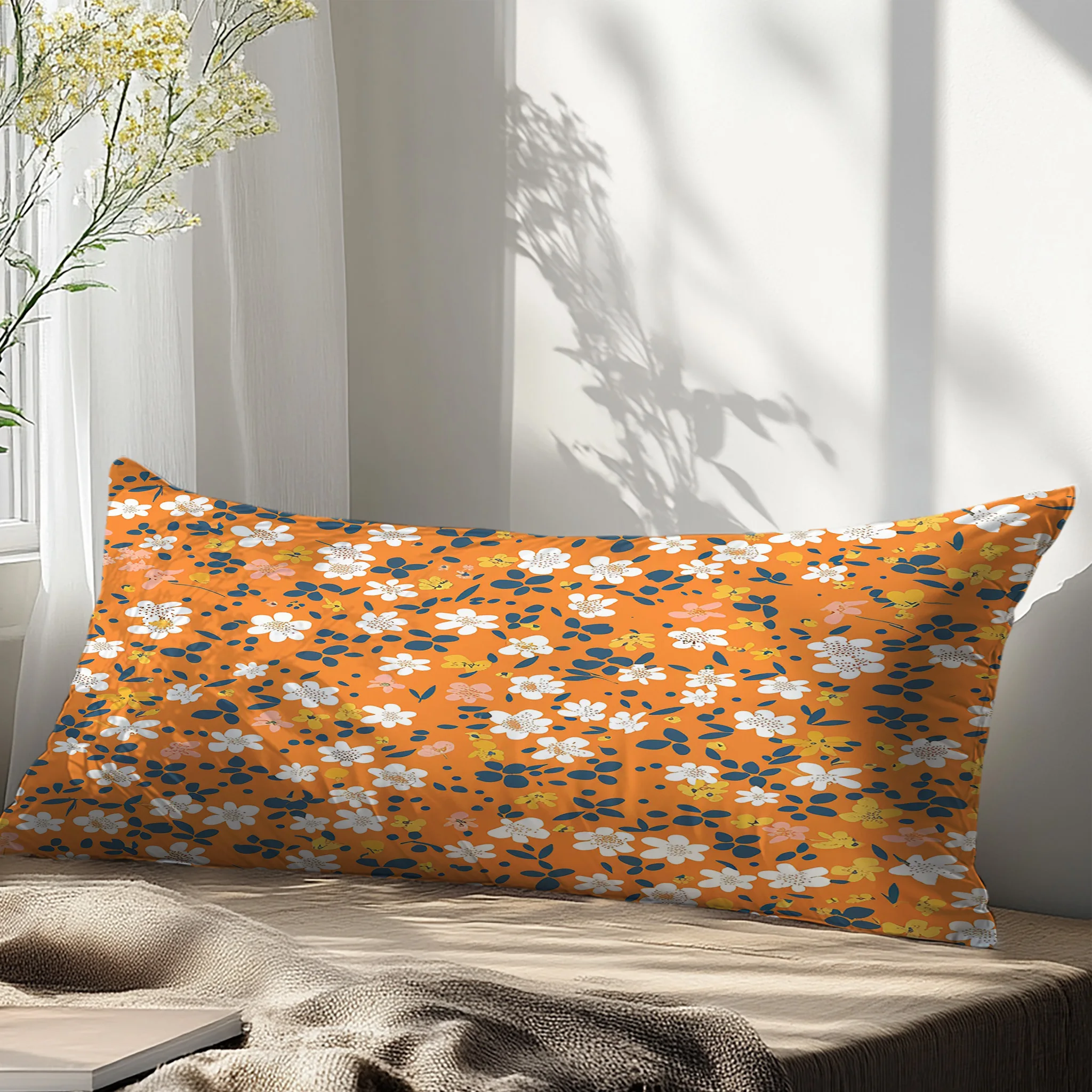 One Long Pillowcase Featuring an Orange Floral Design, Suitable for Bedding, Body Pillows, Cushions, or Cushion Covers. Decorate