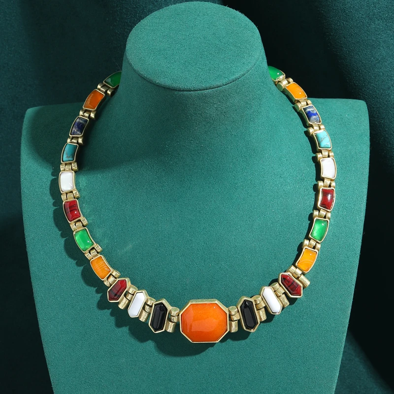 

Women Vintage Natural Stone Colored Choker Necklace Gold Plated High Quality Antique Egyptian Revival Style Art Deco Jewelry
