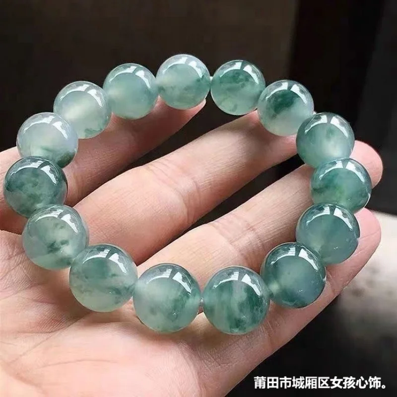 

Natural Myanmar Ice-like Waxy Mine Timber Floating Flower Blue Water Jade round Beads Bracelet Female Green