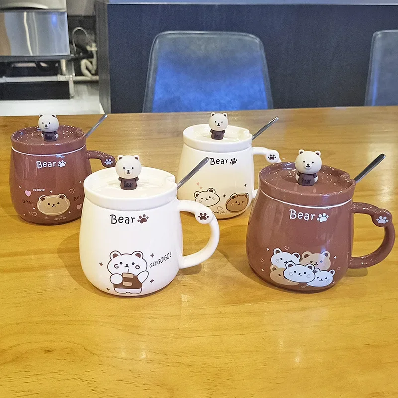 Creative Bear Ceramic Mug,Cute Cartoon Coffee Mugs with Lid Spoon,Breakfast Milk Drink Cups,Couple Water Cup,Office Tea Cup Set