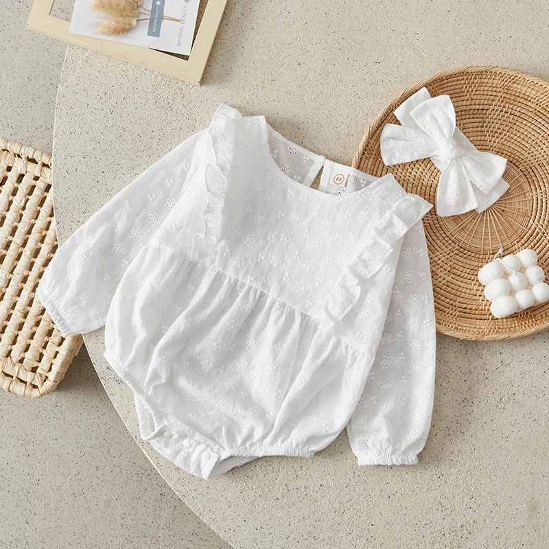 

Suefunskry Infant Baby Girl Jumpsuit Outfits Hollowed Eyelet Jacquard Ruffled Long Sleeve Round Neck Romper + Bow Headband