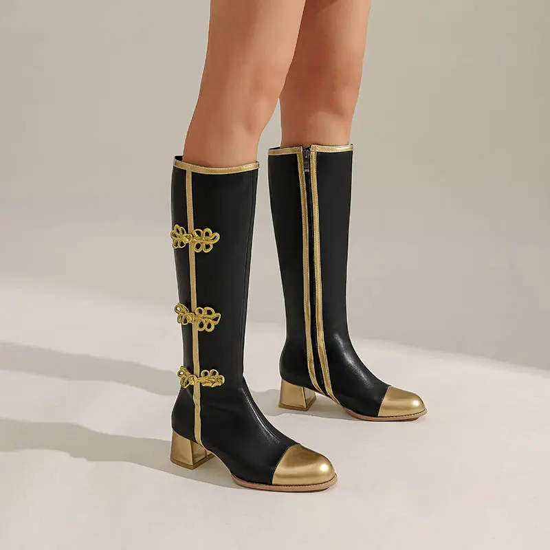 Women Autumn Winter New Ethnic Style Knee High Boots Chunky High Heel Side Zipper Over The Knee Long Ladies Footwear