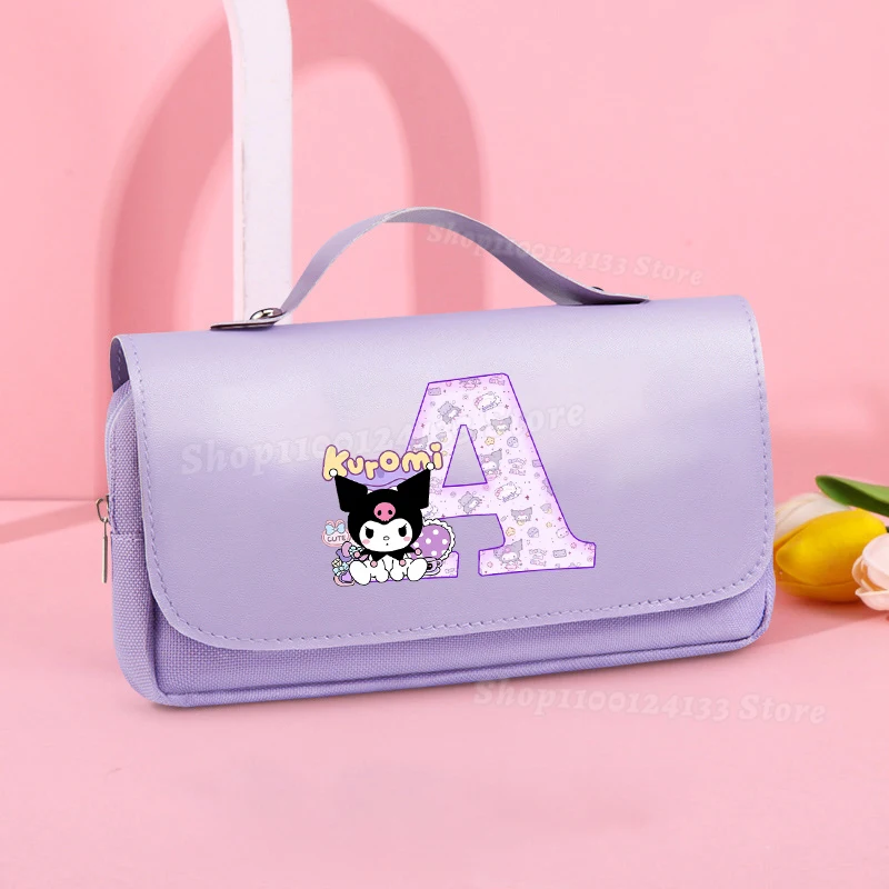 

Cute Kuromi Girl's Student Pencil Case Portable Double Layer Pencil Box Sanrio Anime Canvas Print Go School Supplies Storage Bag
