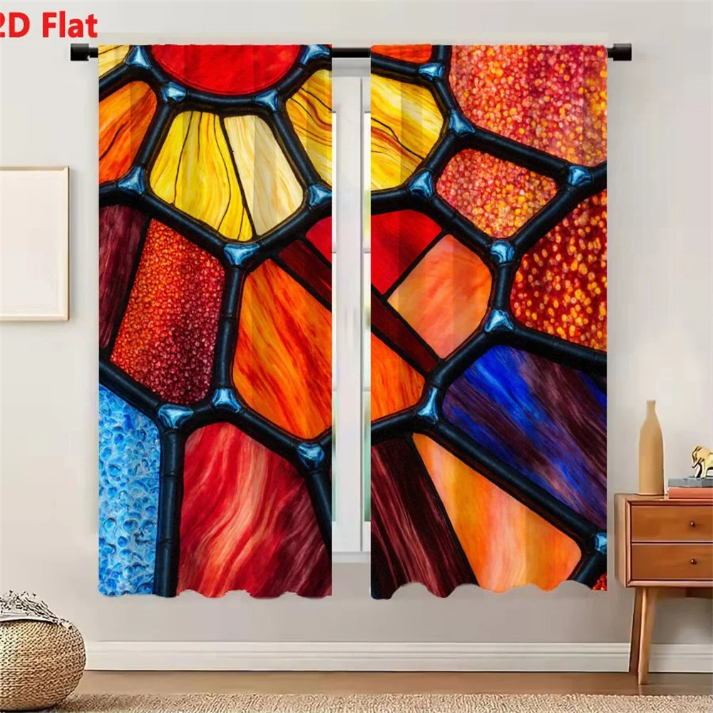 2Pcs Curtains 2D Flat Vibrant Stained Glass Artwork with Warm Red Orange Yellow Hues Blue Purple Accents Black Framework Decorat