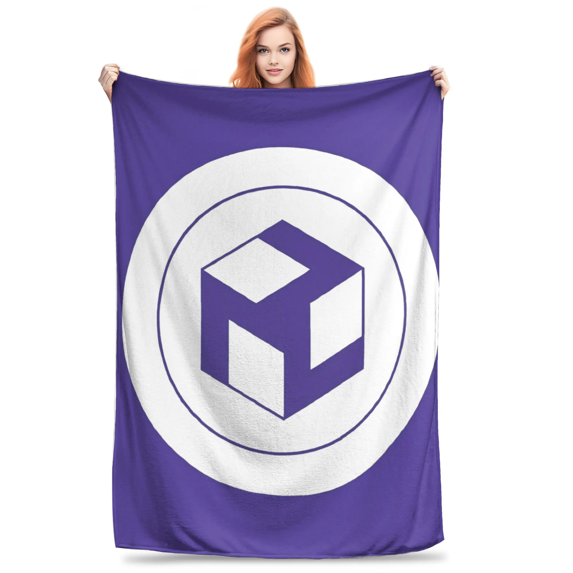 Luxury Geometric Cube Logo Blanket Throw Plush Fleece Sherpa Cozy Purple Fall Winter Warming Sofa Home Decor Gift