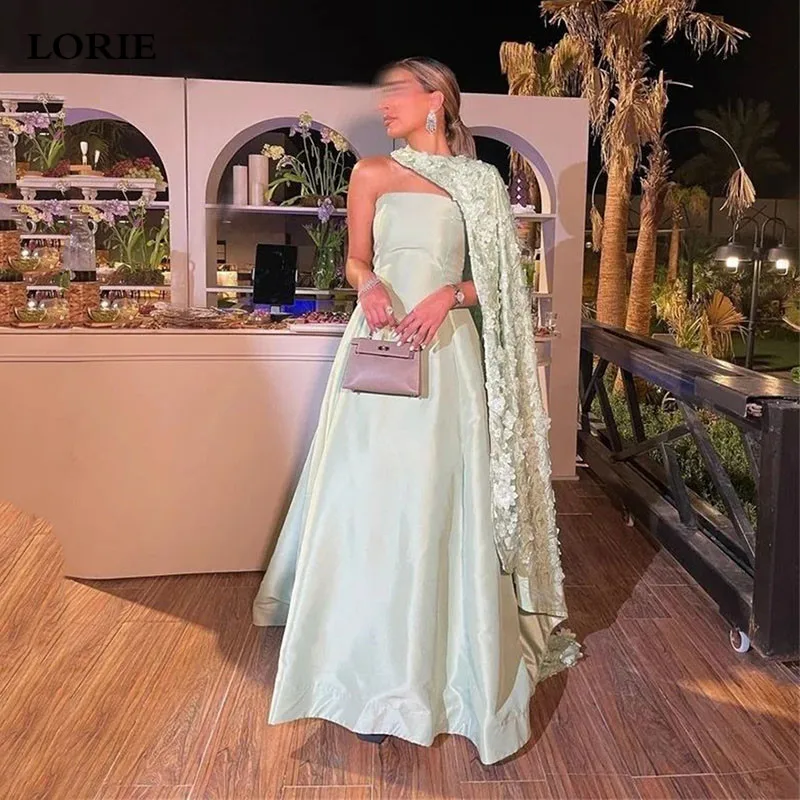 

LORIE Green 2 Pieces Evening Dress 3D Flowers Saudi Arabia Pleats Prom Gowns Satin Tiered Normal Evening Party Dress 2023