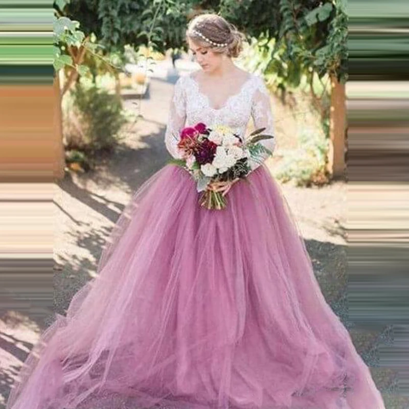 See Through Lace Long Sleeve Rustic Wedding Dresses Light Orchid Wedding Dress A-line Appliques Tulle Bridal Party Gowns