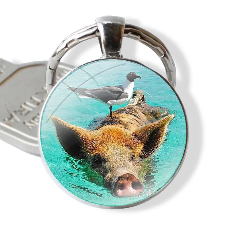 Animal wild boar Keychain Handmade Glass Cabochon Key Ring Holder Pendant Key Chains