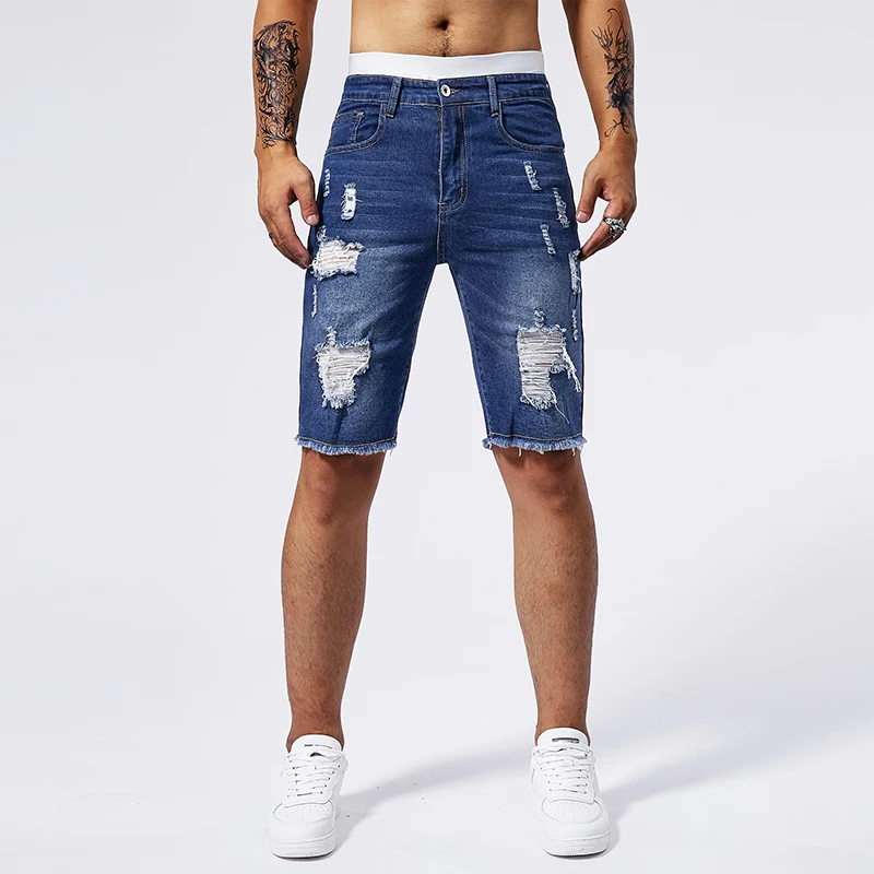 

New high street summer hole men's retro washed yellow casual versatile jeans shorts fashionable five-minute pants