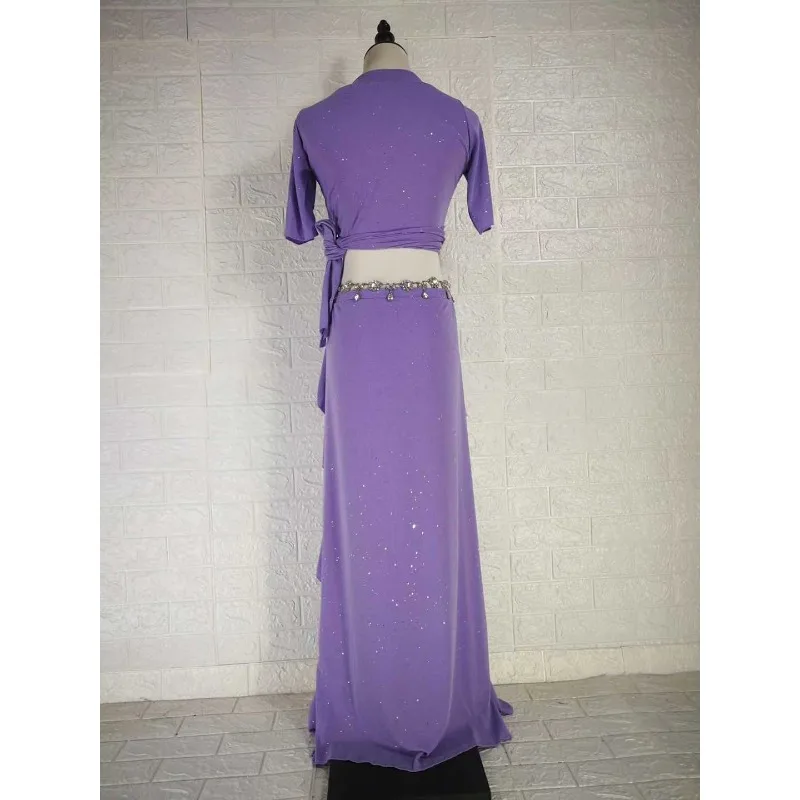 customized belly dance costume practice suit set in purple Short sleeved top with slit skirt caderines danza arabe