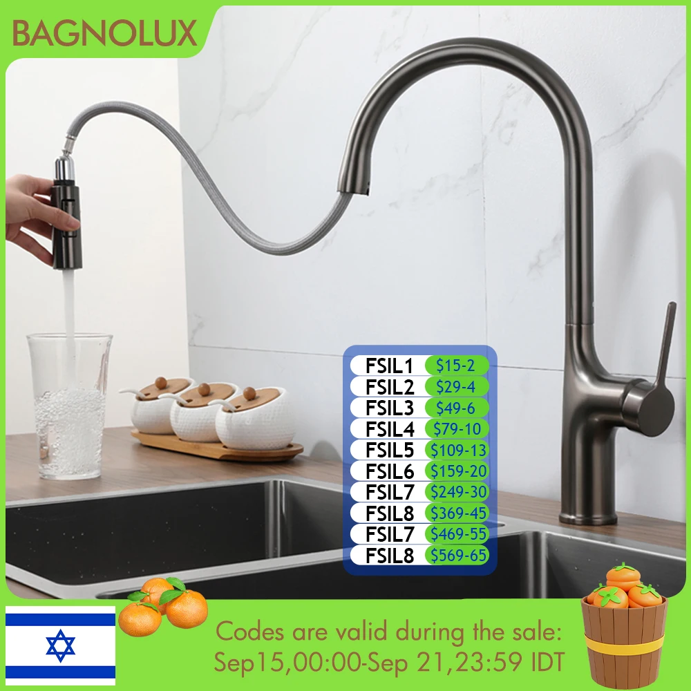 

Кухонный кран на бортике, выдвижной смеситель, кран Bagnolux, серый, латунь, две функции, с одной ручкой, кран для горячей и холодной воды