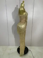 Sparkly Gold Rhinestones Sequins Fringe jumpsuit Women Sexy Nightclub Party Birthday Outfit Show Singer Stage Perform Costume - Image 4