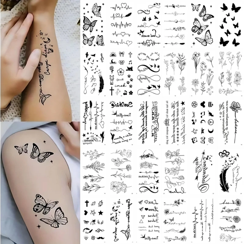 30PCS Temporary Tattoos for Women Girls Flower Wild Floral Bouquet Rose Cross Butterfly Fake Tatoos Stickers Body Arm Hands Neck