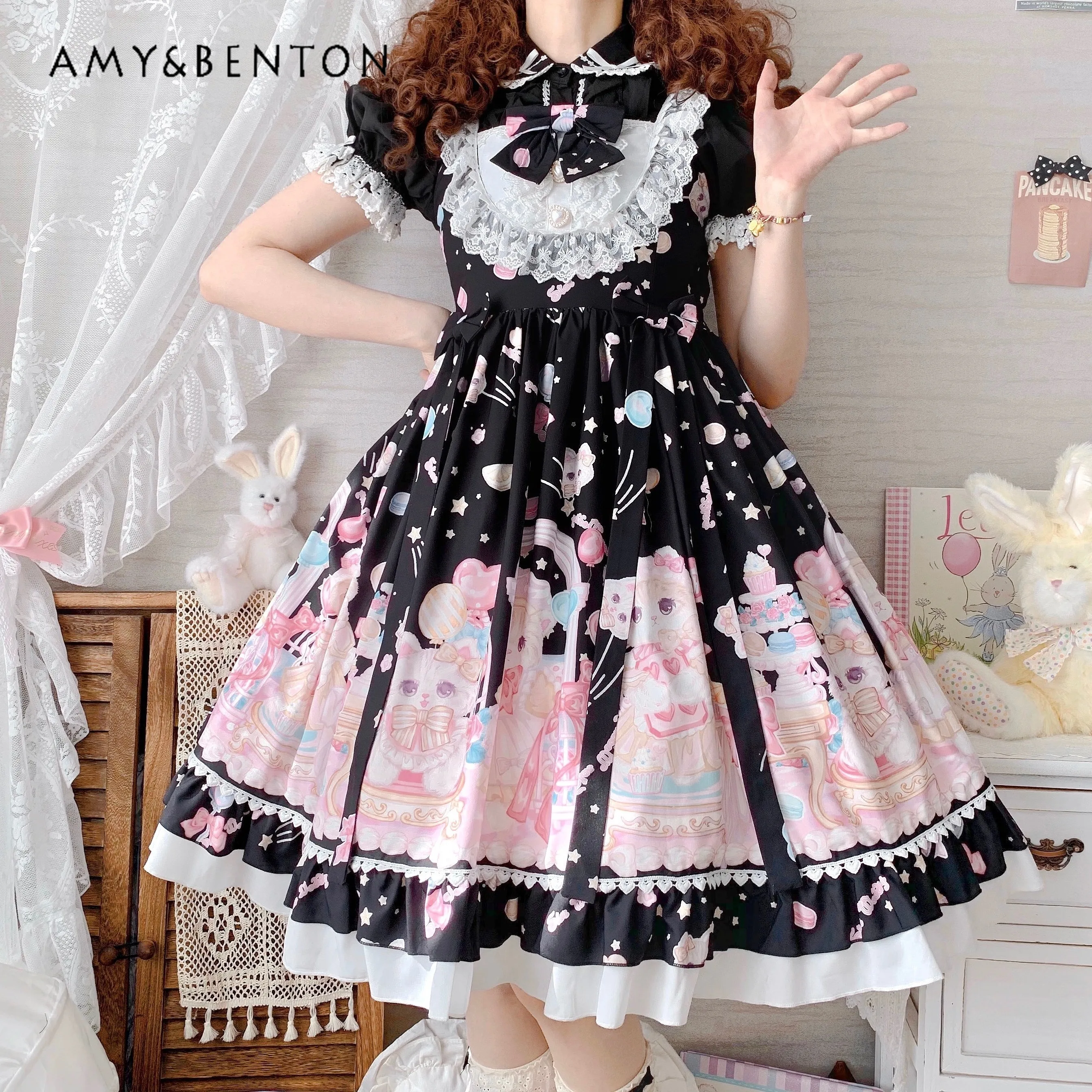 Original Lolita Cat Print Dress for Women Sweet Girl Lace JSK Suspender Dresses Kawaii Bow Ruffle Edge Slim Midi Princess Dress