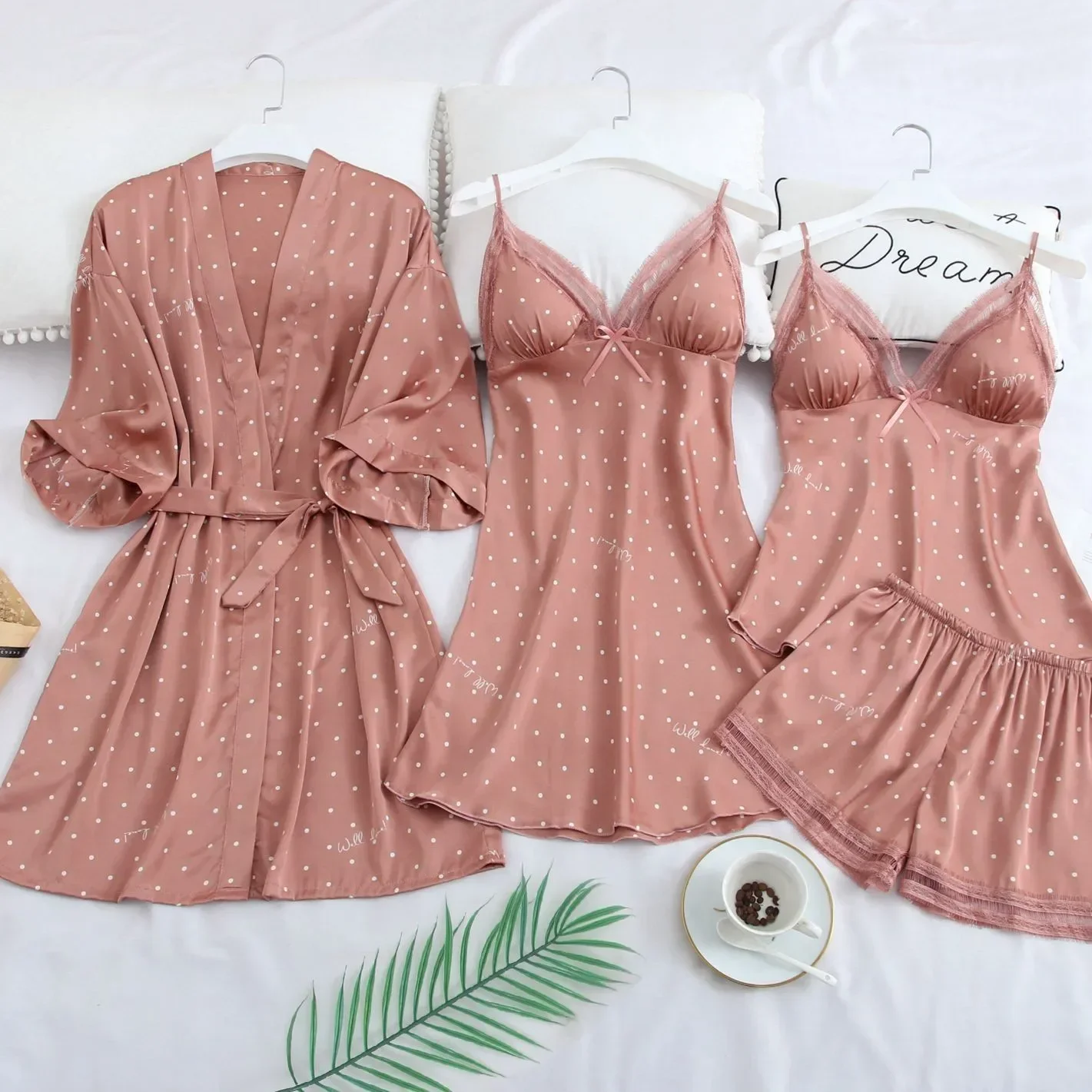 Pink Print Dot Wedding Robe Set Sleepwear Casual Intimate Lingerie Nightgown Nightdress Soft Homewear Home Clothing Kimono Gown