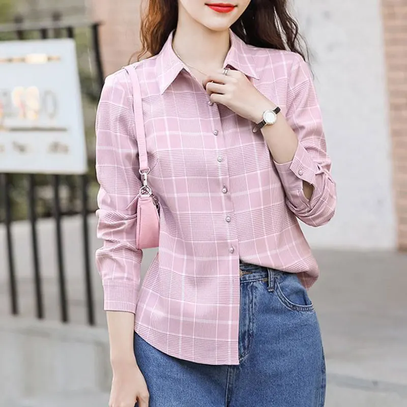 Women\'s New Style Fashion Simplicity Plaid Polo Collar Long Sleeve Shirts Women Clothes Casual All-match Elegant Temperament Top