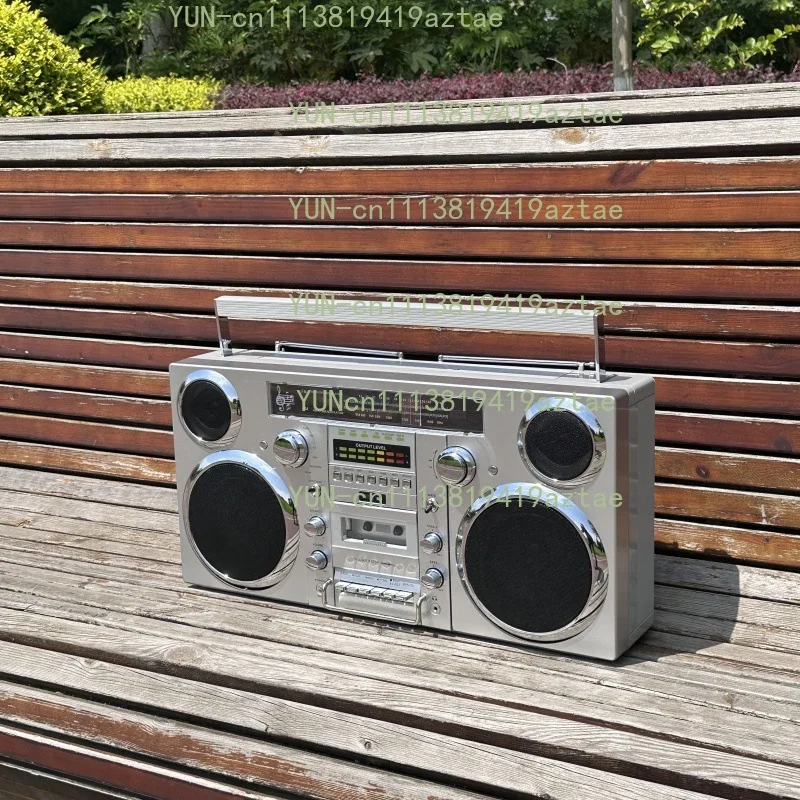 1980s Retro Portable Boombox Silver Wireless Bluetooth Speaker with CD Player Cassette Player FM Radio USB MP3 Player