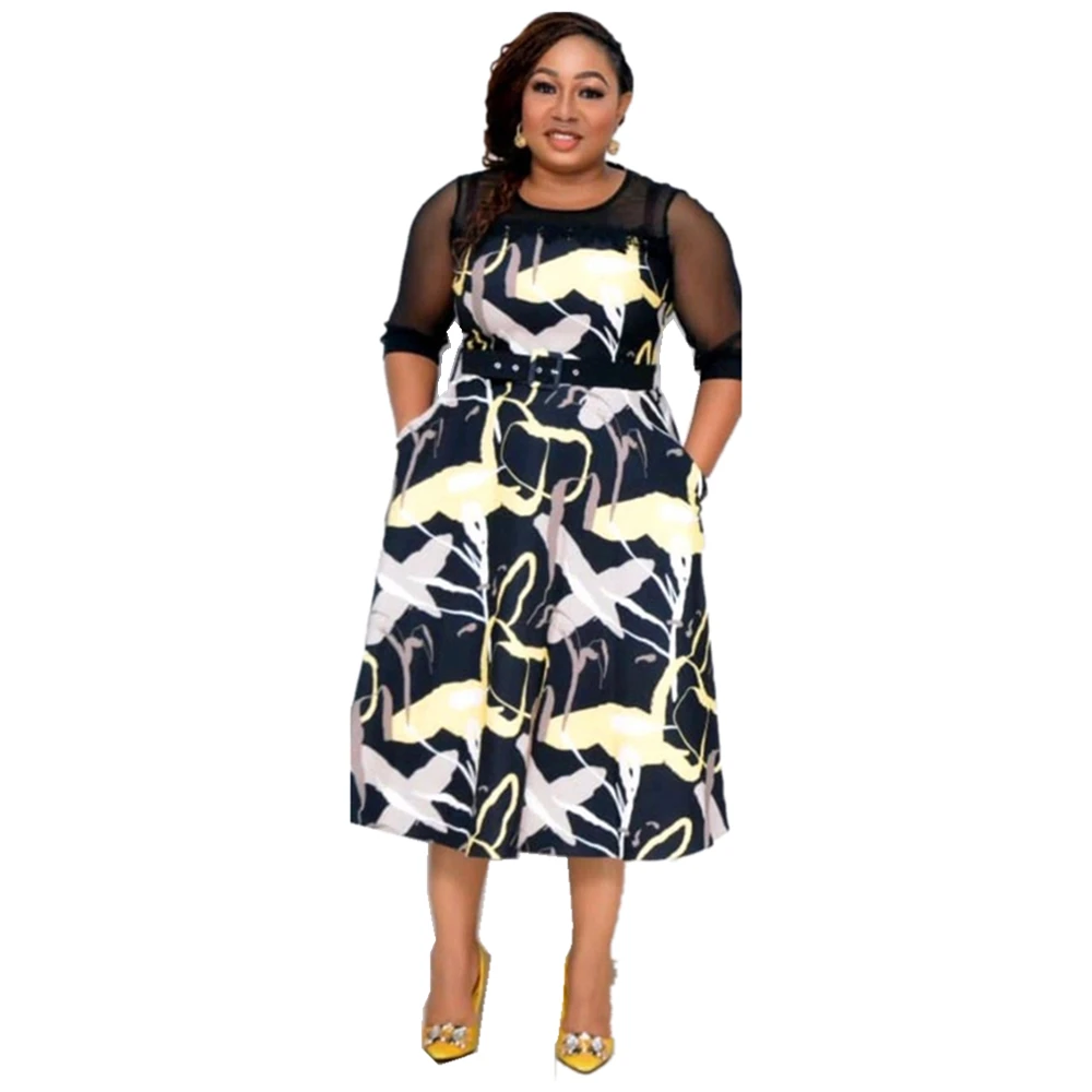 2021 Hot Sale African And Turkey Style Plus Size Printed Sashes Dress For Women