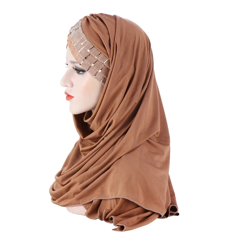 1PCS Women's Muslim Headscarf Hat Solid Color Fashion Sequined Patchwork Scarf Shawl Islamic Dress Accessories Baotou Hat