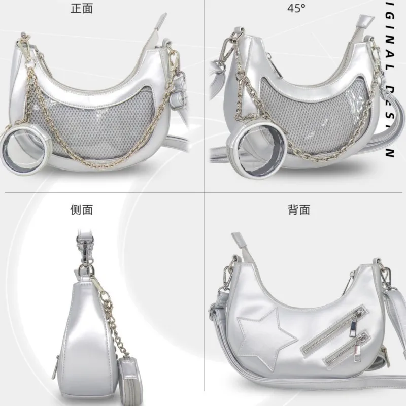 JIAERDI Transparent Silver Ita Bag Women Harajuku Aesthetic Half Moon Messenger Bag Ladies Lolita Sweet Cute Crossbody Bags Chic