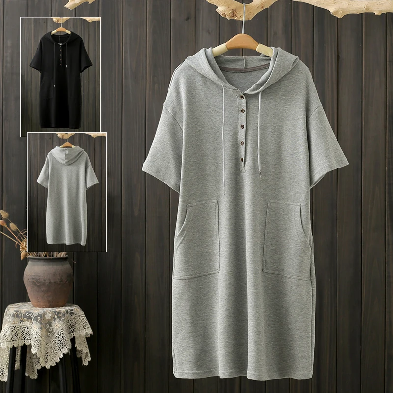 

Summer plus Size Hoodie Dress Casual Loose Fit Pure Color T-Shirt Dress Women's Fashion Belly Covering Slimming Midi Dress