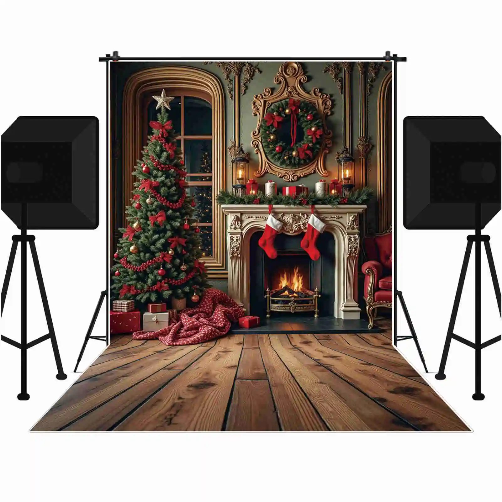 MOON.QG Christmas Photo Background Xmas Tree Fireplace Photography Backdrop 2024 News Photocall Photographic Studio Accessories