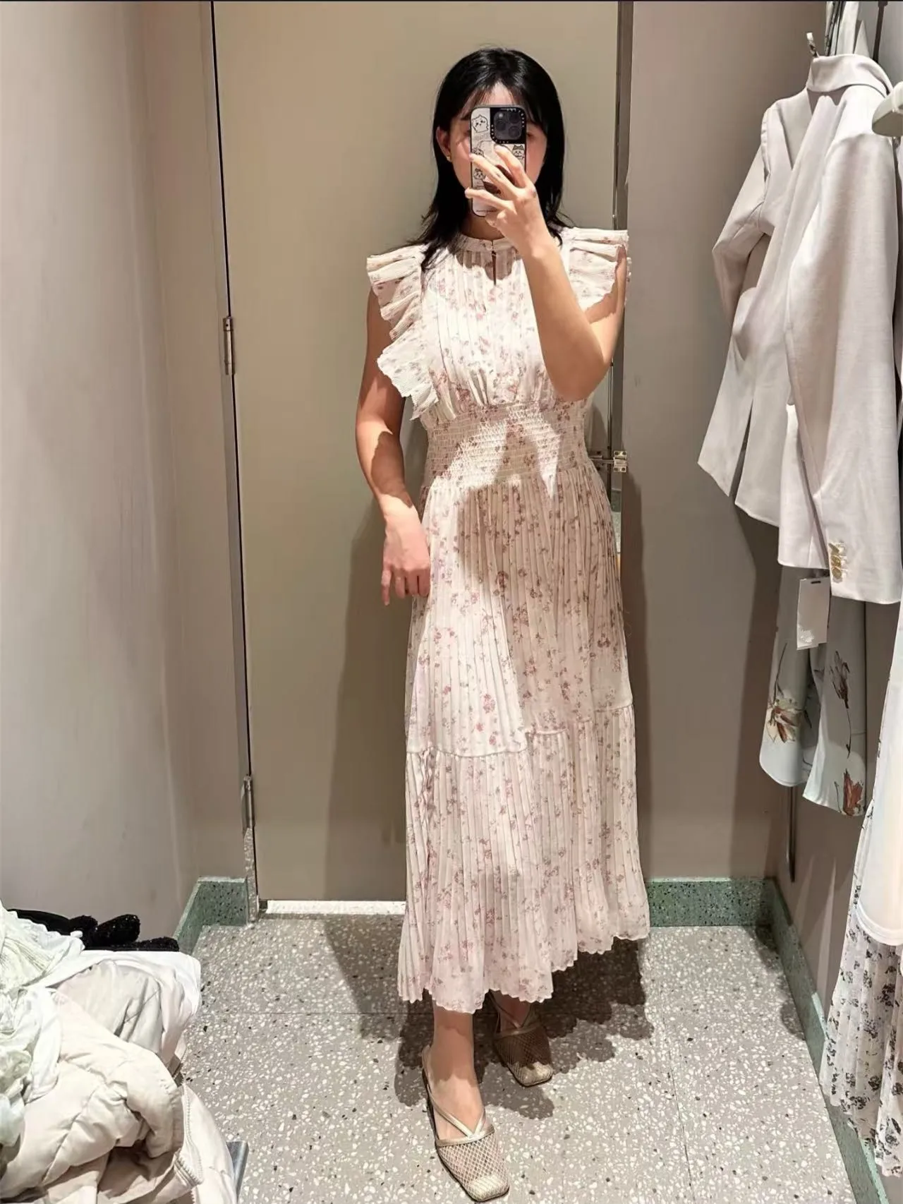 Magogo novo doce o pescoço manga voadora vestido babados chiffon impressão retalhos plissado robe japão elegante literário casual vestidos