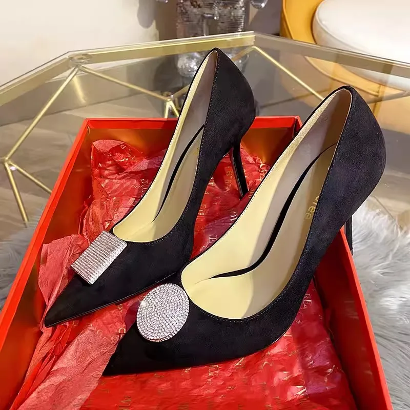

Spring new pointed shallow suede AB rhinestone buckle single shoes banquet dress small size thin high-heeled women's shoes