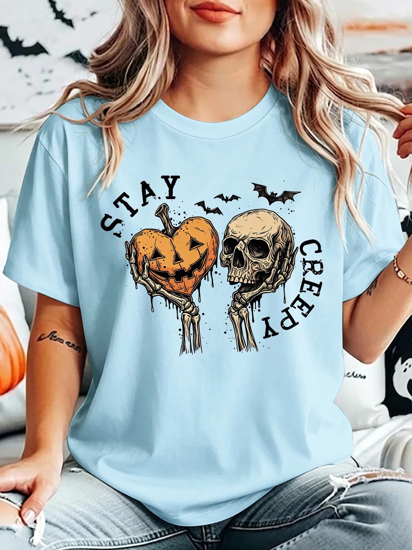 Stay Creepy Skeleton Pumpkin Heart Womens Crew Neck Short Sleeve T Shirt Halloween Bat Spooky Casual Graphic Tees For Ladies