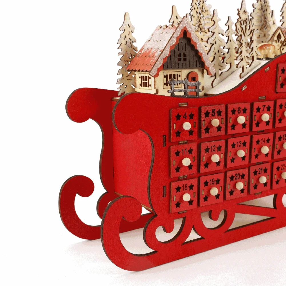 Wooden Advent Calendar with 24 Storage Drawers Christmas Sleigh Countdown Calendar with LED Lights Christmas Tree Party Decor - Image 3