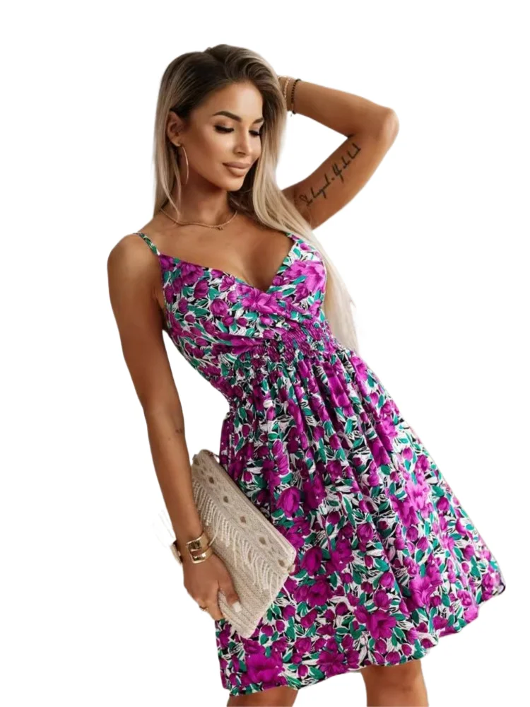 

Summer Fashion Floral Print Spaghetti Strap Dresses Women Sexy V-neck Chic Vacation Style Midi Dress Temperament Ladies Vestidos