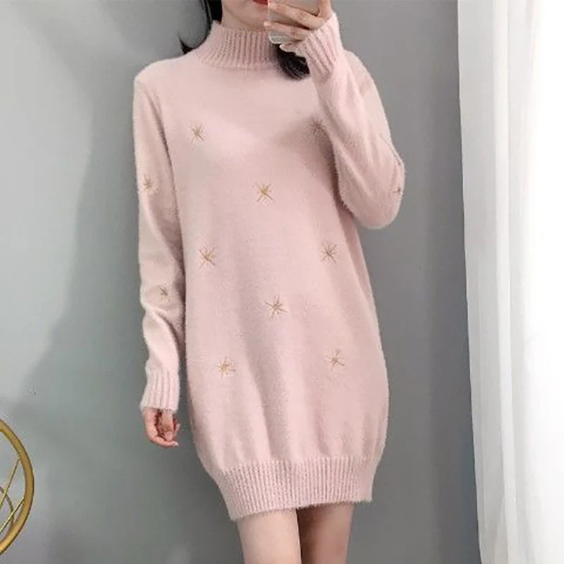 Elegant Stand Collar Solid Color Embroidery Mini Dress Women\'s Clothing 2023 Winter Loose Knitted All-match Ladies Dresses