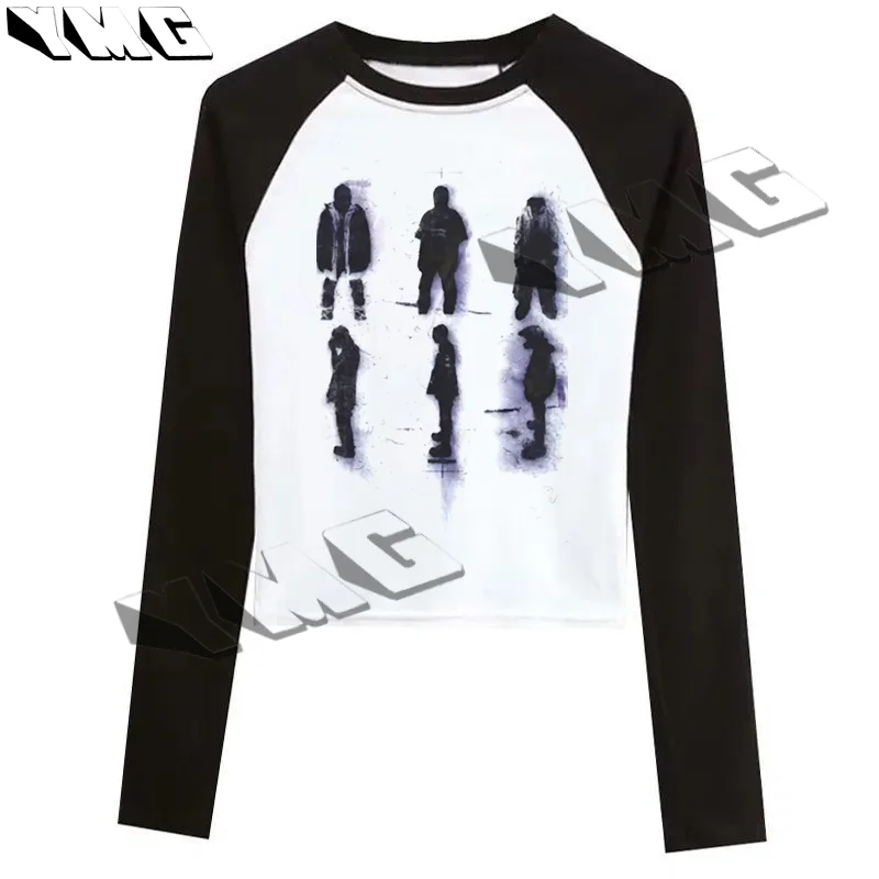 

Unreal hazy design sense, street women's printed casual American retro long sleeved neutral T-shirt street style short top E-gir