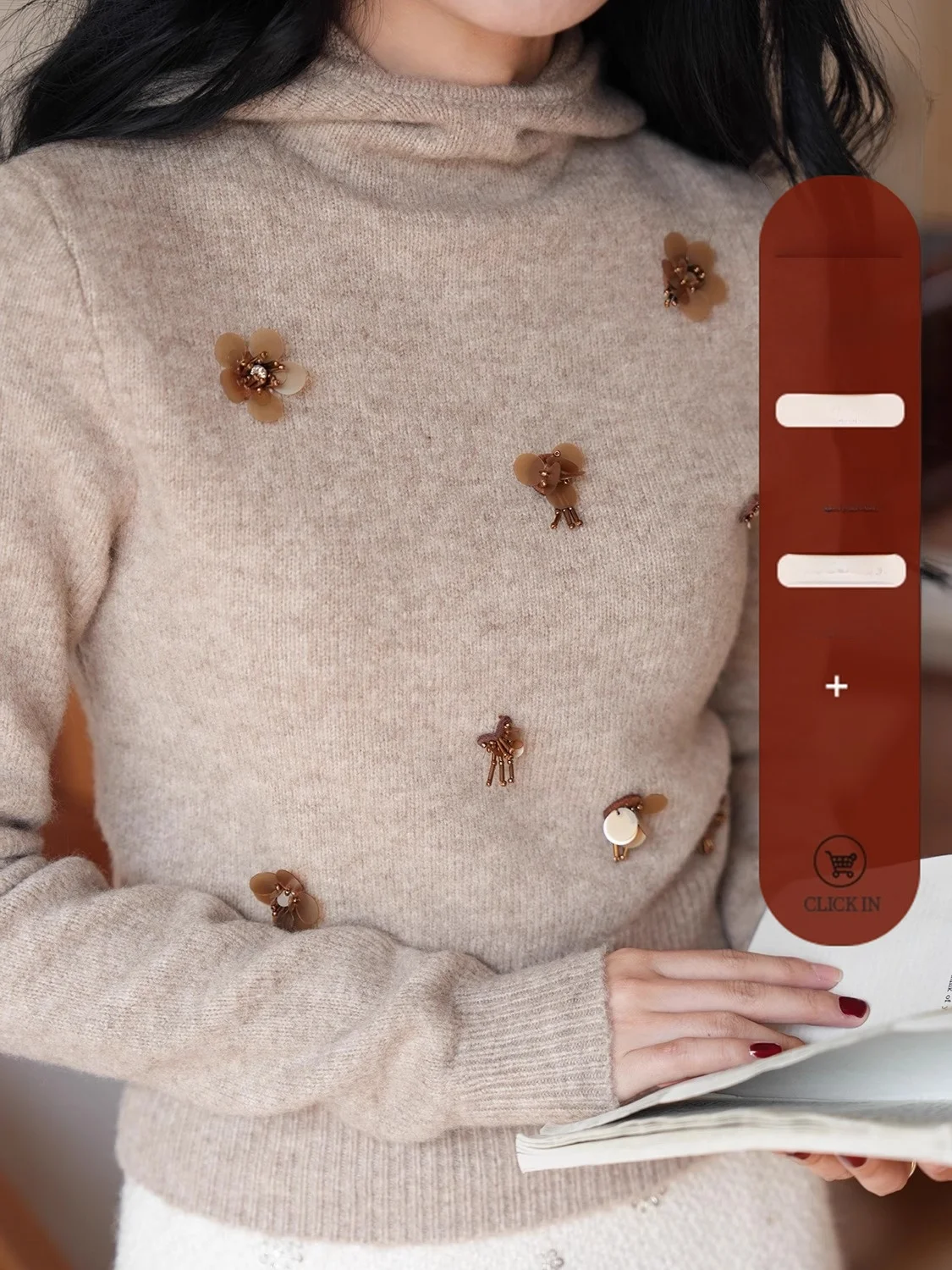 

Elwing Original Heavyweight Beaded High Collar Hooded Wool Knitwear Women's Autumn Design Slimming Sweater Commute Sle Long...