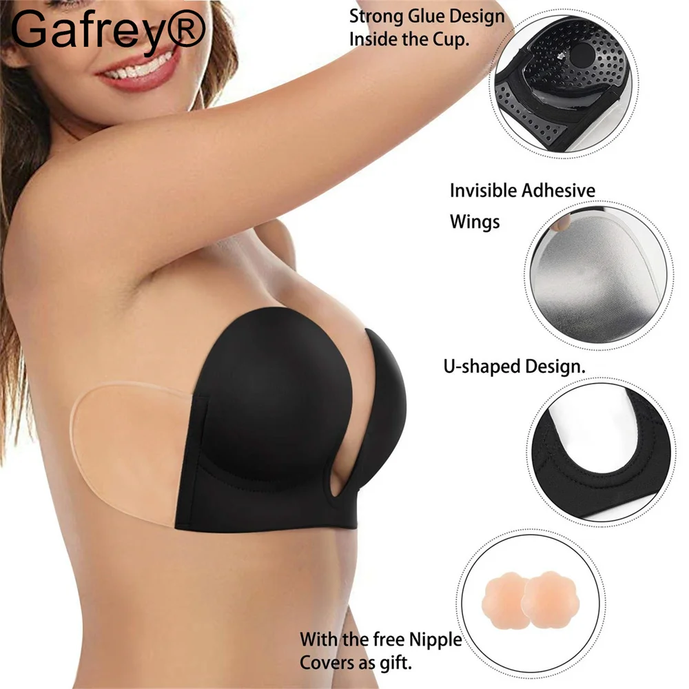 Gafrey Bra tanpa tali wanita, BH perekat tidak terlihat lengket tanpa tali Push up Backless dapat digunakan kembali silikon menutupi puting