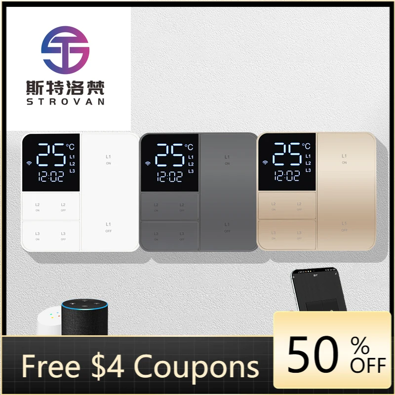 Inteligentny włącznik światła ścienny STLF Tuya Smart Home Wifi, 1/2/3-kanałowy, obsługa sterowania głosowego/aplikacją/dotykowego, z wyświetlaczem temperatury.