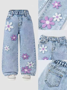 Girls Floral Towel-Stitch Denim Jeans 3 Girls' Floral-Printed Towel-Stitch Denim Jeans Trendy Loose Waist Design Versatile Casual Pants for Kids. Full Elastic Waistband 3