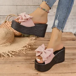 Women Wedge Slippers New Summer Beach Shoes Platform Appliques Butterfly-Knot Female High Heel Sandals Outdoor Clog Slides 35-43